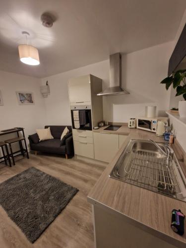a kitchen and living room with a sink and a couch at Highbanks in Newhaven