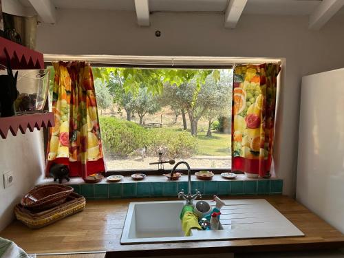 a kitchen with a sink and a window at Courela do Monte Novo in Monte de Jangeis de Cima