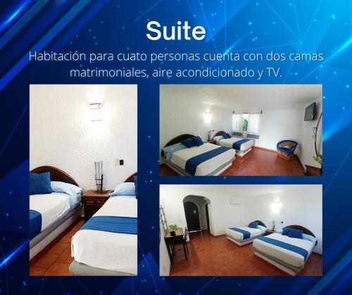 a collage of three pictures of a hotel room at Hotel Iguanas in Yautepec