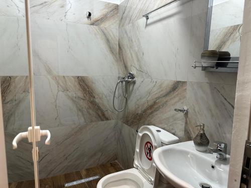 a bathroom with a shower and a toilet and a sink at Meko Apartments in Tirana