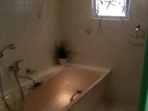 a bathroom with a bath tub and a window at Ferienhaus Günther in Aue