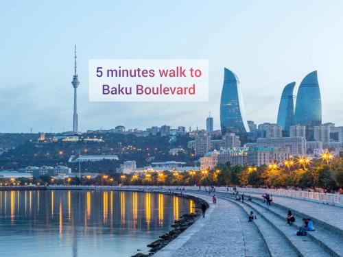 a cityscape of baku with the words minutes walk to baikolis at King Hostel in Old City in Baku