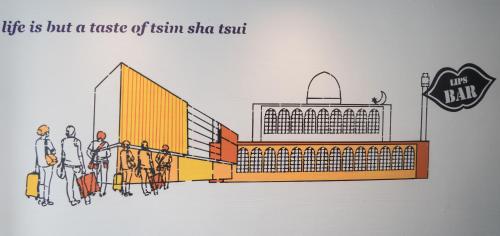 a cartoon of a building with people standing in front of it at attitude on granville in Hong Kong