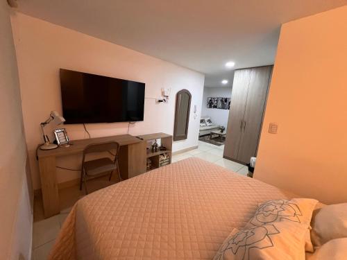 Katil atau katil-katil dalam bilik di Cálido mini apartamento