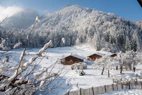 a snow covered mountain with houses in the background at Beim Waicher Chalets & Suiten zwischen Salzburg und Chiemsee in Ruhpolding