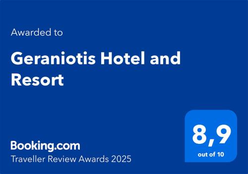 Certifikát, hodnocení, plakát nebo jiný dokument vystavený v ubytování Geraniotis Hotel and Resort