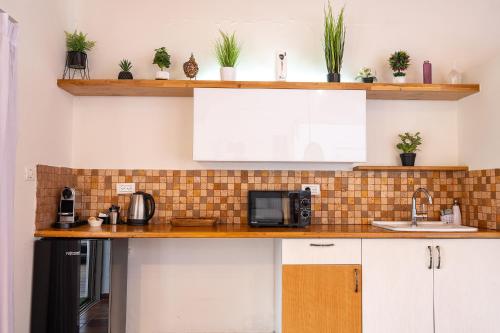 a kitchen with white cabinets and a counter with a microwave at עיינות ספיר - Einot Sapir in Sappir