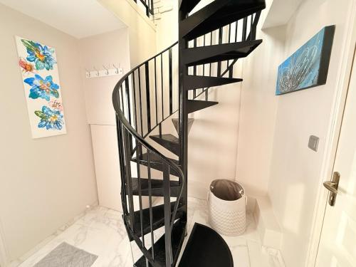 a black spiral staircase in a white room at Duplex Fleckenstein - Centre Historique de Haguenau in Haguenau