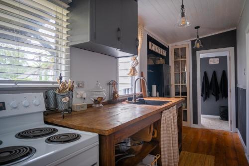 a kitchen with a sink and a stove top oven at Cambridge Cottage in Cambridge