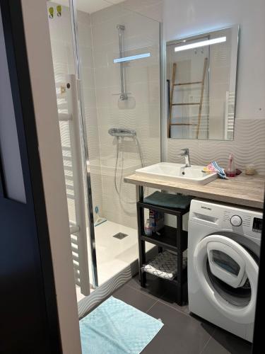 une salle de bain avec une machine à laver et un lavabo dans l'établissement les pieds dans l'eau, à Royan