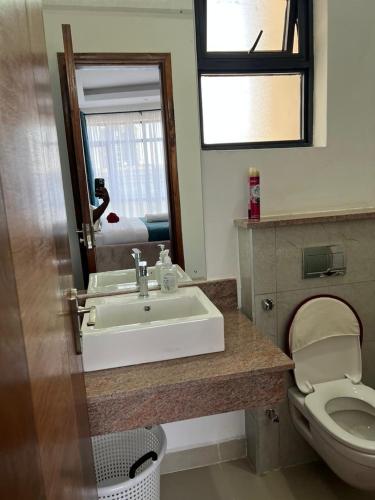 a bathroom with a sink and a toilet and a mirror at The Cozy Nest in Nairobi