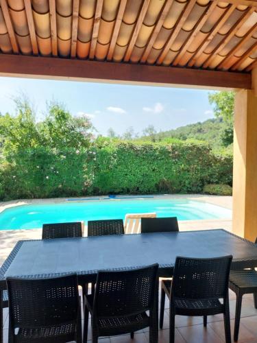 une table noire avec des chaises et une piscine dans l'établissement Belle villa 8 avec piscine, à Callian