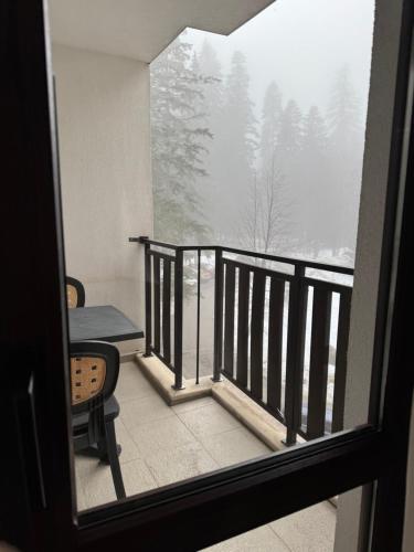 a balcony with a view of a snow covered forest at Borovets Gardens MVS Apart D42 in Borovets
