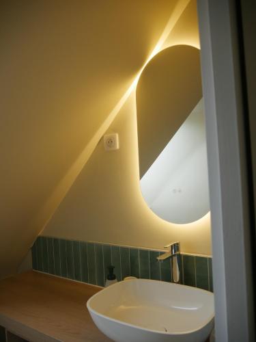 une salle de bain avec un lavabo et un miroir dans l'établissement TY LAOUEN - 1km des plages - Jardin - Wifi -, à Saint-Philibert