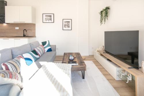a living room with a couch and a table at Le Repos du Mélomane - A 1h de Lyon climatisé in La Côte-Saint-André