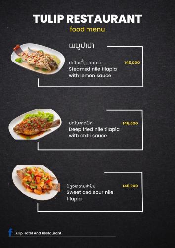 a menu for a restaurant with two plates of food at Tulip Hotel in Louang Namtha
