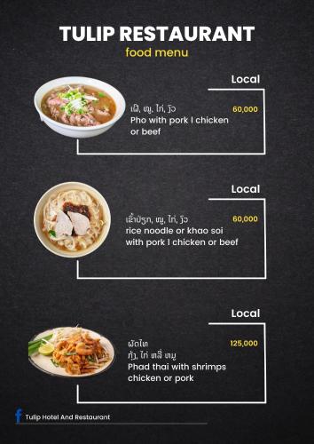a menu for a food restaurant with food items at Tulip Hotel in Louang Namtha
