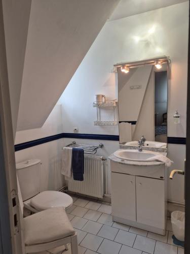 une salle de bain avec un lavabo, des toilettes et un miroir dans l'établissement Villa Les Iris, à Saint-Félix