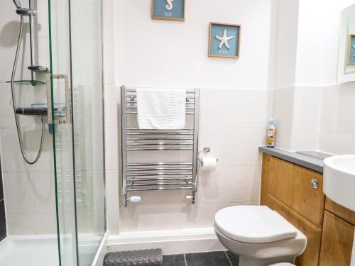 a bathroom with a shower and a toilet and a sink at 19 Stablefield Way in Great Yarmouth
