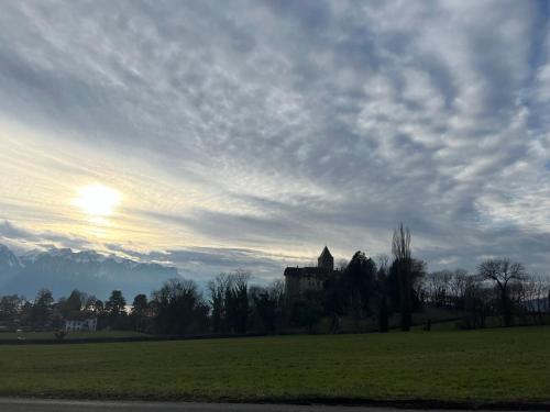 a building in a field under a cloudy sky at Chez Maya in Blonay