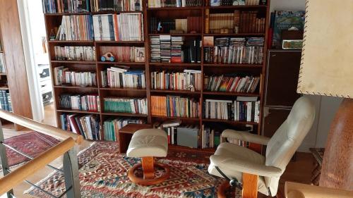 a living room with a book shelf filled with books at Les maisons d'en bas, piscine et jaccuzi in Saint-Rémy