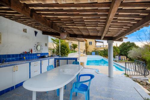 une cuisine avec une table et des chaises ainsi qu'une piscine dans l'établissement Appartement Falicon, à Falicon