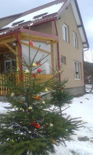 a christmas tree in the snow in front of a house at Casa Turia in Turia