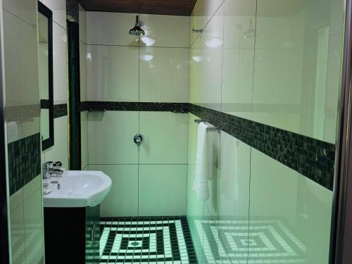 a white bathroom with a sink and a shower at Ndumu Safari Resorts in Jozini
