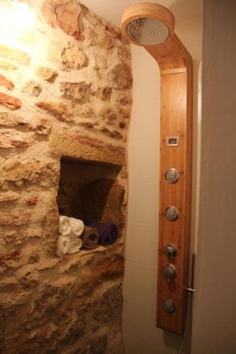 La salle de bains est pourvue d'un mur en pierre et d'une cheminée. dans l'établissement Tiny house de charme - Piscine & Jaccuzi, à Saint-Rémy