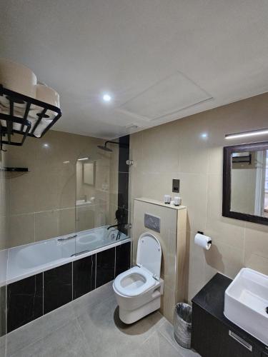 a bathroom with a toilet and a tub and a sink at Cromwell Hotel in London