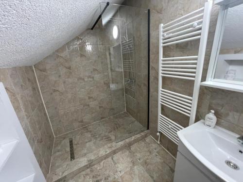a bathroom with a shower and a sink at Rustik pub in Lupeni