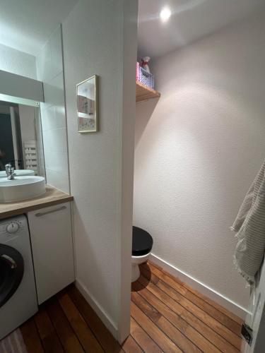 une salle de bain avec un lavabo, des toilettes et un miroir dans l'établissement Appartement cosy au cœur des chartrons, à Bordeaux