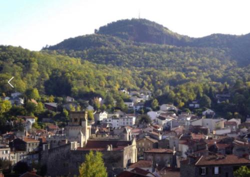 une ville en face d'une montagne dans l'établissement Bel appartement lumineux, à Royat