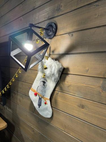 a pair of socks hanging on a wall with a light at Girske Povitria 2 in Yaremche