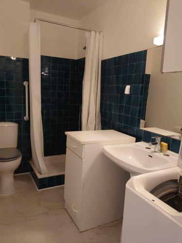 une salle de bain avec toilettes, lavabo et douche dans l'établissement 2VSE-ALZ07 Studio dans résidence calme proche plage Collioure, à Collioure