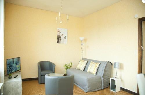 un salon avec un canapé et une chaise dans l'établissement Bel appartement lumineux, à Royat