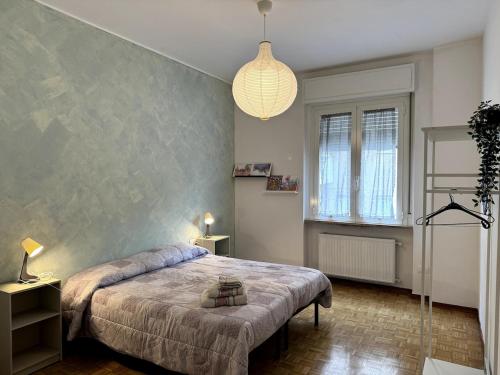 ein Schlafzimmer mit einem großen Bett und einer Lampe in der Unterkunft A Crema da Nicola&Laura troverete Comfort e Relax in Crema