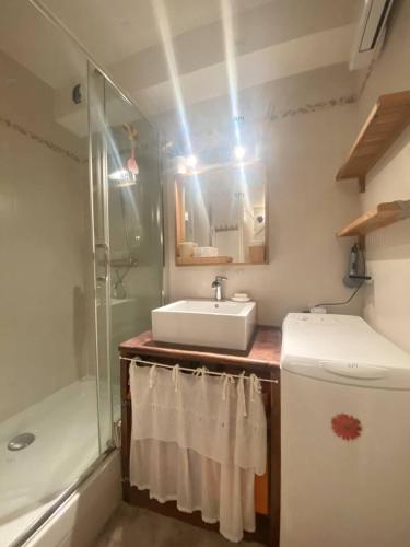 La salle de bains est pourvue d'un lavabo et d'une douche. dans l'établissement AS22947-Studio cabine résidence direct sur plage, au Grau-du-Roi