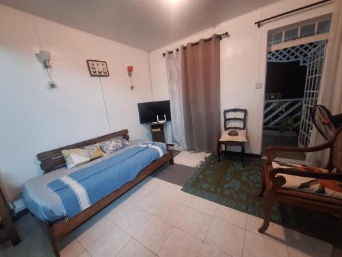 a bedroom with a bed and a chair and a television at Appartement in grand baie in Grand Baie
