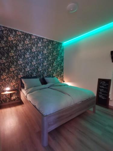 a bedroom with a bed with green lights on it at Vakantiehuis de Schuur in Munstergeleen