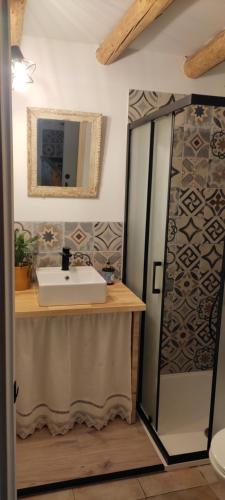une salle de bain avec un lavabo et une douche dans l'établissement Les treilles de Provence, Gîte la glycine, à Villeneuve-lès-Avignon