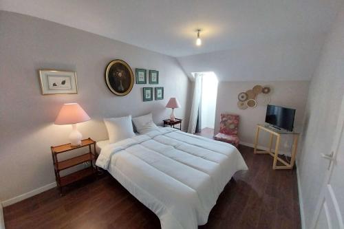 une chambre avec un grand lit blanc et une télévision dans l'établissement Spacious apartment with balcony, à Vannes
