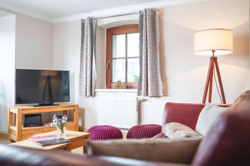 a living room with a couch and a television at Ferienwohnungen Alte Destillerie Rathen in Rathen