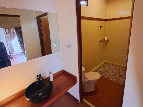 a bathroom with a black sink and a toilet at Lombok Riverside Bungalows in Masbagik