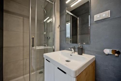 a bathroom with a white sink and a shower at Casa Baia BlueApart Hel in Hel