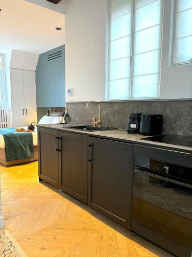 une cuisine avec un évier et un plan de travail dans l'établissement Le Loft Tour Eiffel, à Paris