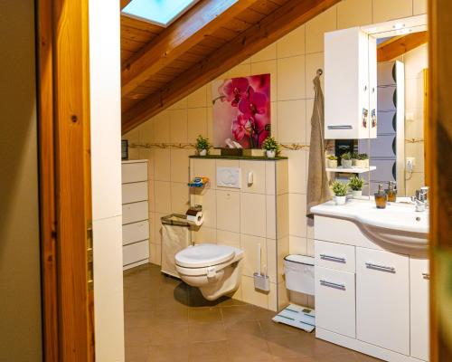 a bathroom with a toilet and a sink at Magnifique VILLA de 120m2 au Coeur du Valais avec piscine en été in Chamoson