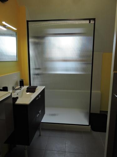 La salle de bains est pourvue d'une douche, d'un lavabo et d'un comptoir. dans l'établissement chambre lit double, à Tourville-la-Campagne