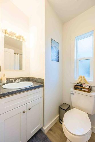 a bathroom with a white toilet and a sink at Rainforest Tiny Home Retreat #30 in Forks