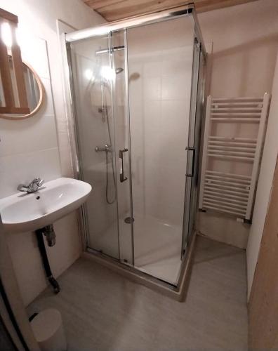 une salle de bain avec douche et lavabo dans l'établissement Appartement en village 5 couchages, à Legé